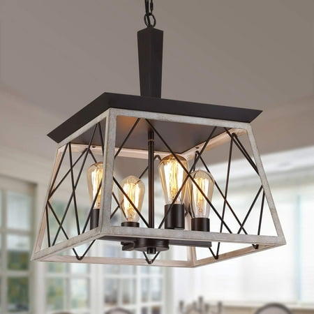 

Q&S Farmhouse Vintage Chandelier Rustic Pendant Light Industrial Hanging Light Fixture for Dining Room Kitchen Island Wrought Iron ORB+Oak White 4 Lights E26