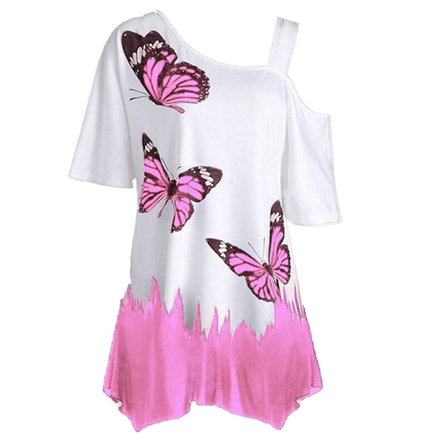 ICHUANYI Clearance Women Cold Shoulder Print Short Sleeve Plus-Size Shirt Blouse Tops(Pink, L) ICHUANYI WER2023080705093