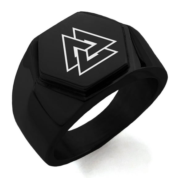 Tioneer Stainless Steel Norse Valknut Viking Engraved Hexagon Crest Flat Top Biker Style Polished Ring