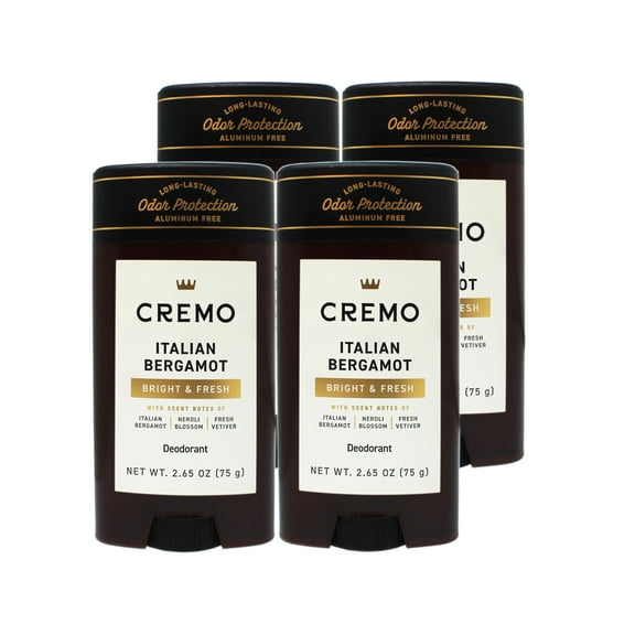 4 Pack - Cremo Italian Bergamot Aluminum Free Deodorant for Men, Long-Lasting Odor Protection, 2.65 OZ