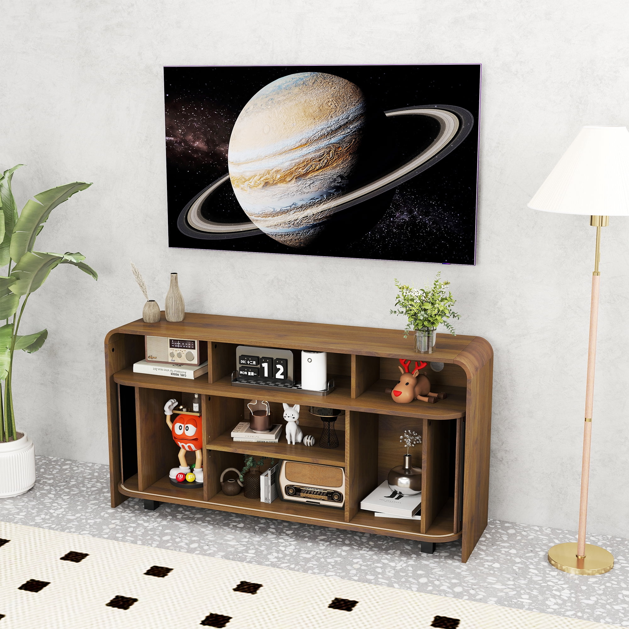 Mid Century Modern TV Stand for Bedroom, Fluted Entertainment Center for TVs up to 55 Inch, Media Console with Sliding Doors for Living Room, Walnut