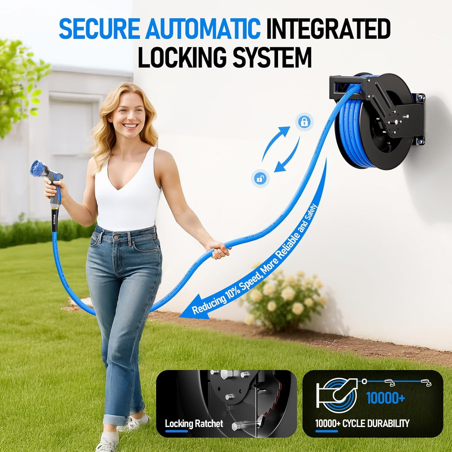 SPECILITE Retractable Hose Reel with 5/8'' 50ft Hot/Cold Garden Water Pipe, Sprayer Nozzle, Heavy Duty Metal Wall Mount Spool