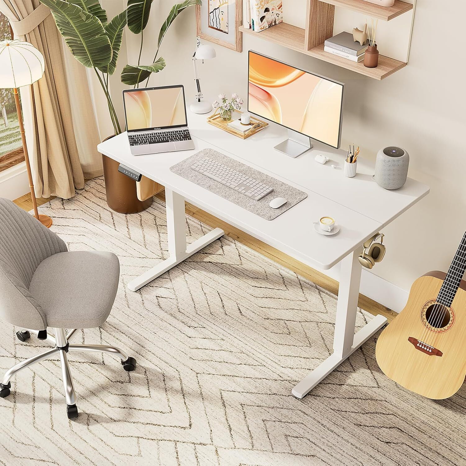 AENKYO Electric Height Adjustable Standing Desk with T-Shaped Metal Frame, Ergonomic Home Office Workstation for Computer, Modern Sit to Stand Desk，White