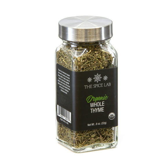 The Spice Lab Organic Whole Thyme Leaves - Kosher, Gluten-Free, Non-GMO - .8 oz French Jar - Dried thyme leaves for French, Mediterranean and Middle Eastern cooking - 5469
