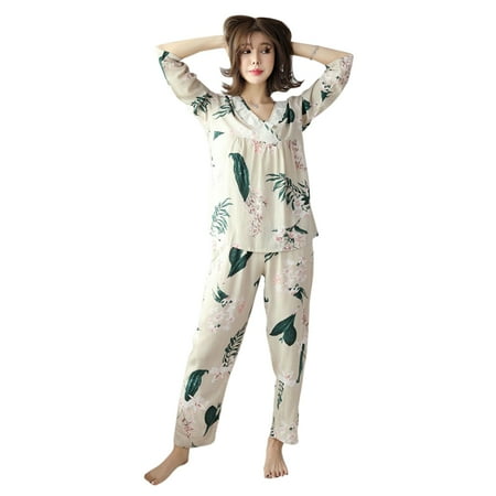 

Women Autumn V-neck print 2-pcs Pajama Sets Floral Long Sleeve Sleep Wear Wear M