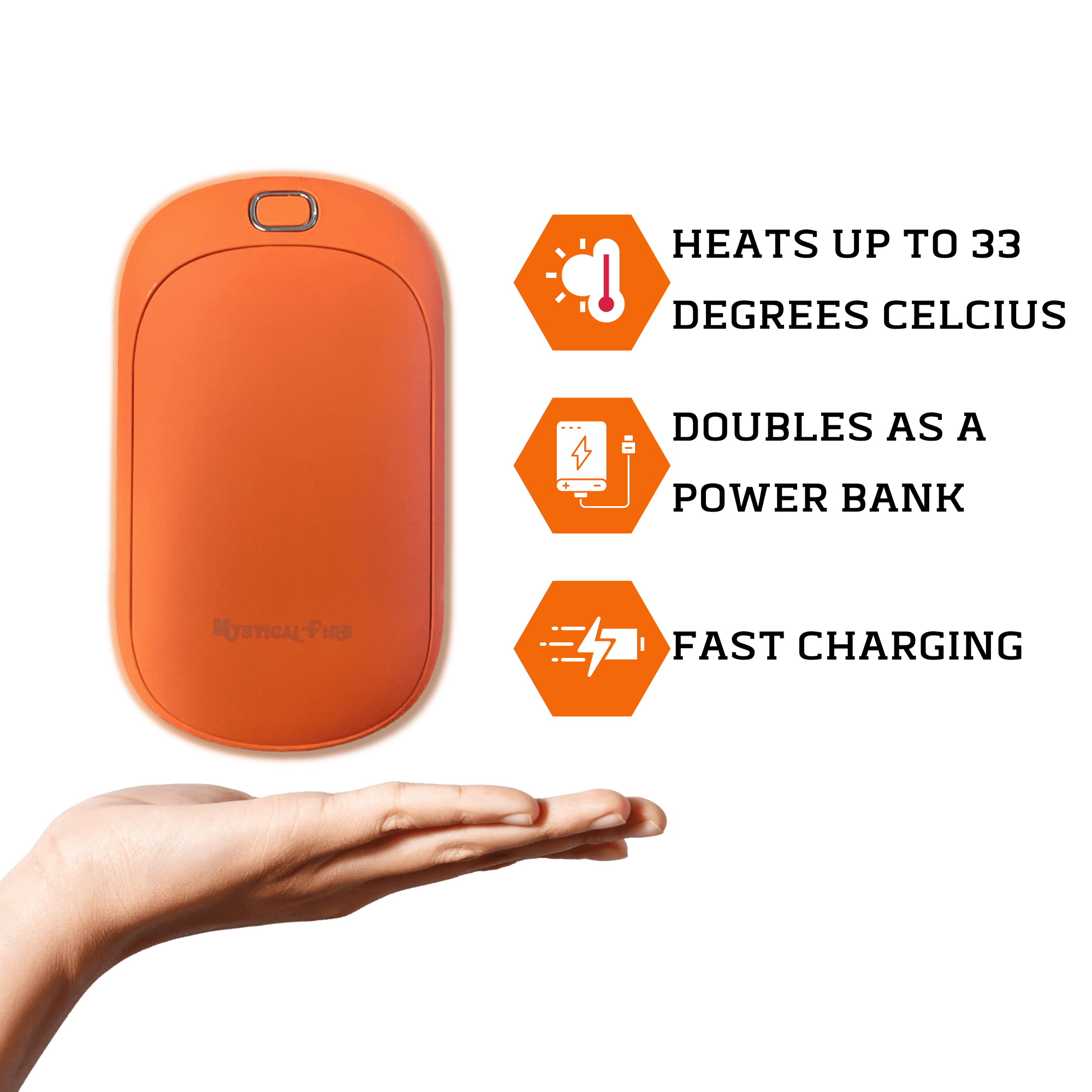 Hand Warmer Rechargeable USB C 5200mAh Portable Electric Charging Heater (Orange) By Mystical Fire Great Gift For Men & Women - Keep Your Hands Warm In The Outdoors While Camping Skiing Or Hunting