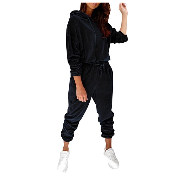 Baqcunre Women's Loose Solid Color Hooded Fleece Hoodie and Trousers Set,Color Black,Size S-XXL