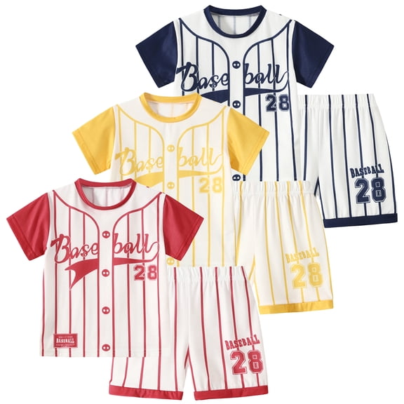 Fdqin Boys Shorts Sets 6Pcs Quick Drying Baseball Short Sleeve T-Shirt and Sports Shorts Summer Outfits for Kids Red Yellow Black 5-6 Years