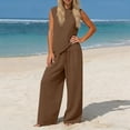 thumbnail image 2 of Cotton Linen Outfits for Women Summer Trendy Vacation Clothes 2 Piece Sleeveless Tank Top Wide Leg Pants Set (M, Brown), 2 of 6
