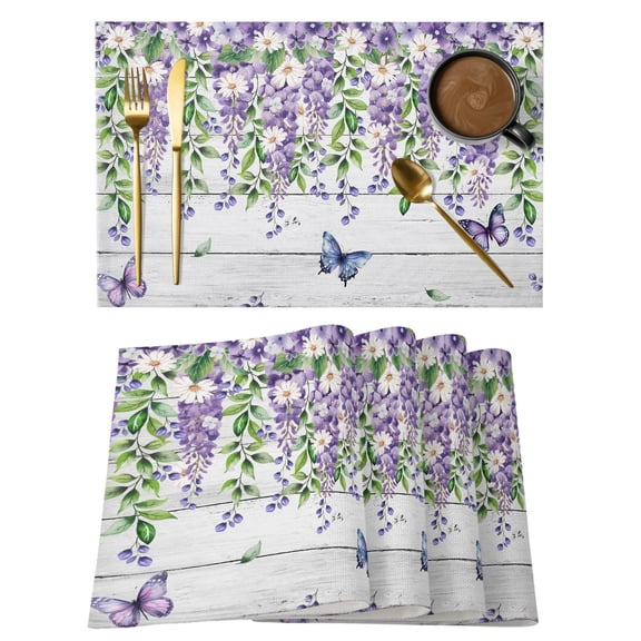 Purple Wisteria Placemats Set of 12, Rustic Purple Flower Butterfly Gray Wood Grain Non-Slip Place Mats Washable Table Mats for Kitchen Dining Table Decorations Indoor/Outdoor
