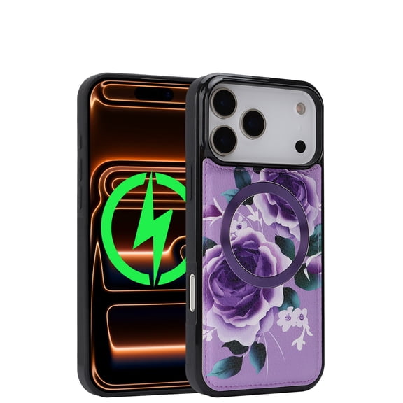 For iPhone 17 Pro Max Phone Case,Compatible with Mag-safe,Exquisite Flower Print PU Leather Back Design,Ultra Slim Anti-Scratch Shockproof Anti-fall Durable Protective,Thin Fit Phone Case,Purple