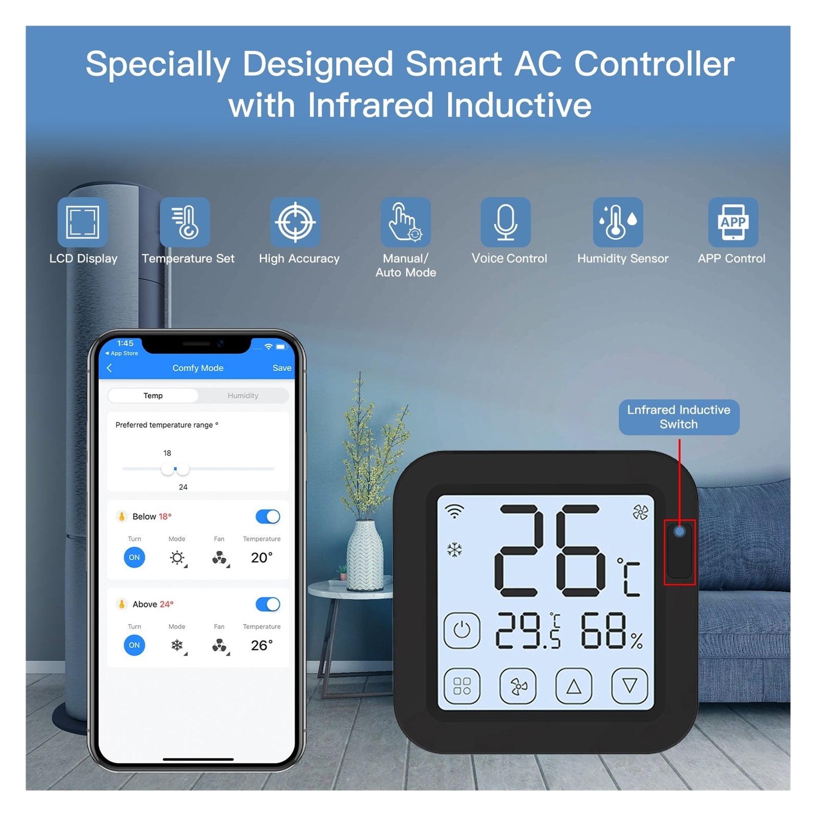 Tuya Smart Air Conditioner Controller, Thermostat With LCD Display App Control Temperature Humidity Sensor Monitor