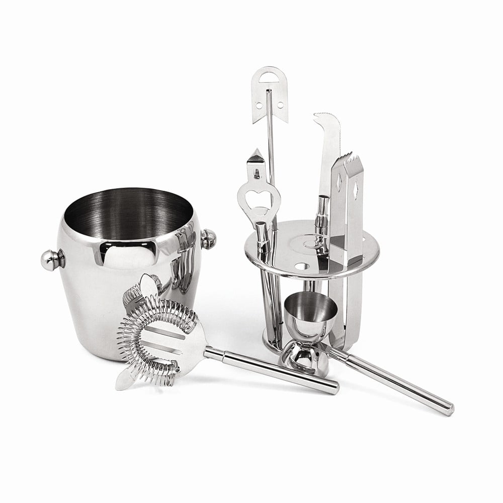 7 Piece Stainless Bar Accessory Set With Ice Bucket, 5" Tall