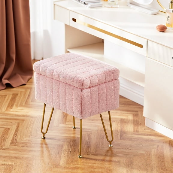 Sybels Storage Vanity Stool with Plush Faux Fur, Adjustable Anti-Slip Makeup Ottoman Bench,Pink