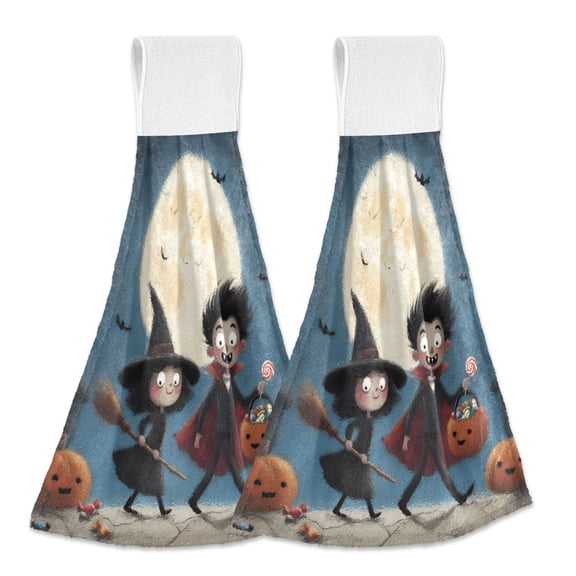 Haosy 2 Pack Kitchen Wash Cloths with Hanging Loops Absorbent Absorbent Quick Drying Hand Towels, Little Witch and Vampire on Halloween