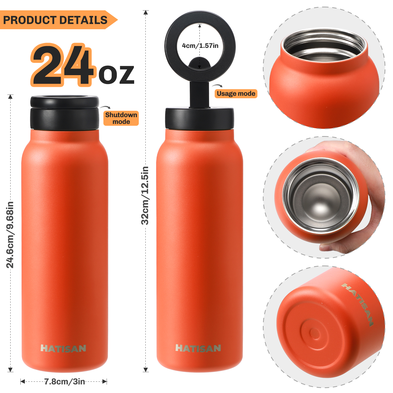 Hatisan 24 oz Insulated Water Bottle, Magnetic Stainless Steel Water Bottle, with Mobile Phone Holder Tripod, Hot for 12H, Cold for 24H(Orange)
