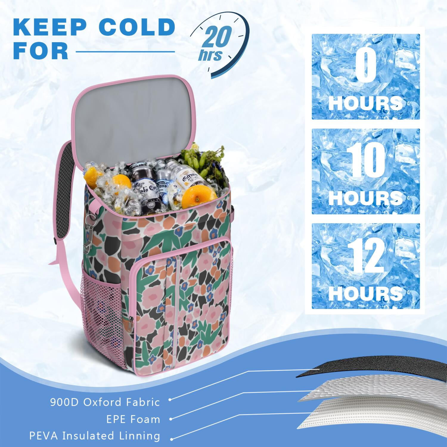 Travel Cooler Bag - Pioneer Flower Floral Print Pattern Camping Beer Cooler Backpack with Bottle Opener- Waterproof Insulated Picnic Backpacks - Cooler Bag for Beach