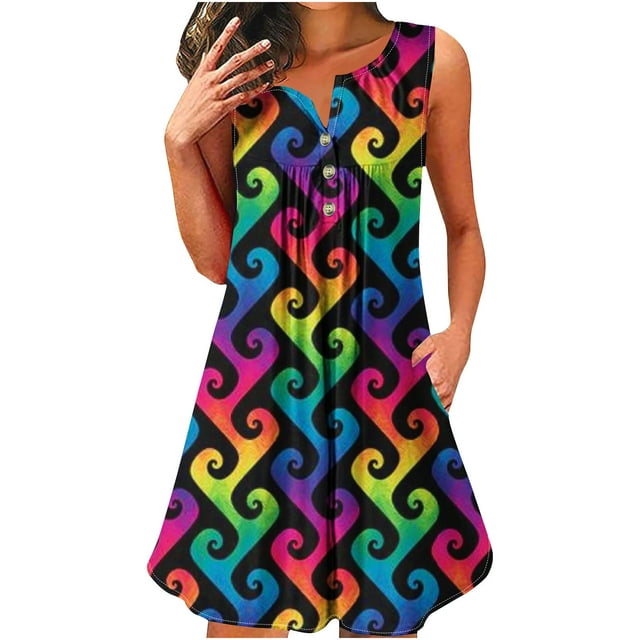 Pisexur Robes de Plage pour Femmes 2024 Robe d'Été Décontractée Vacances Tendance Boho Imprimé Floral Boutonnée Col en V Sans Manches Robe d'Été