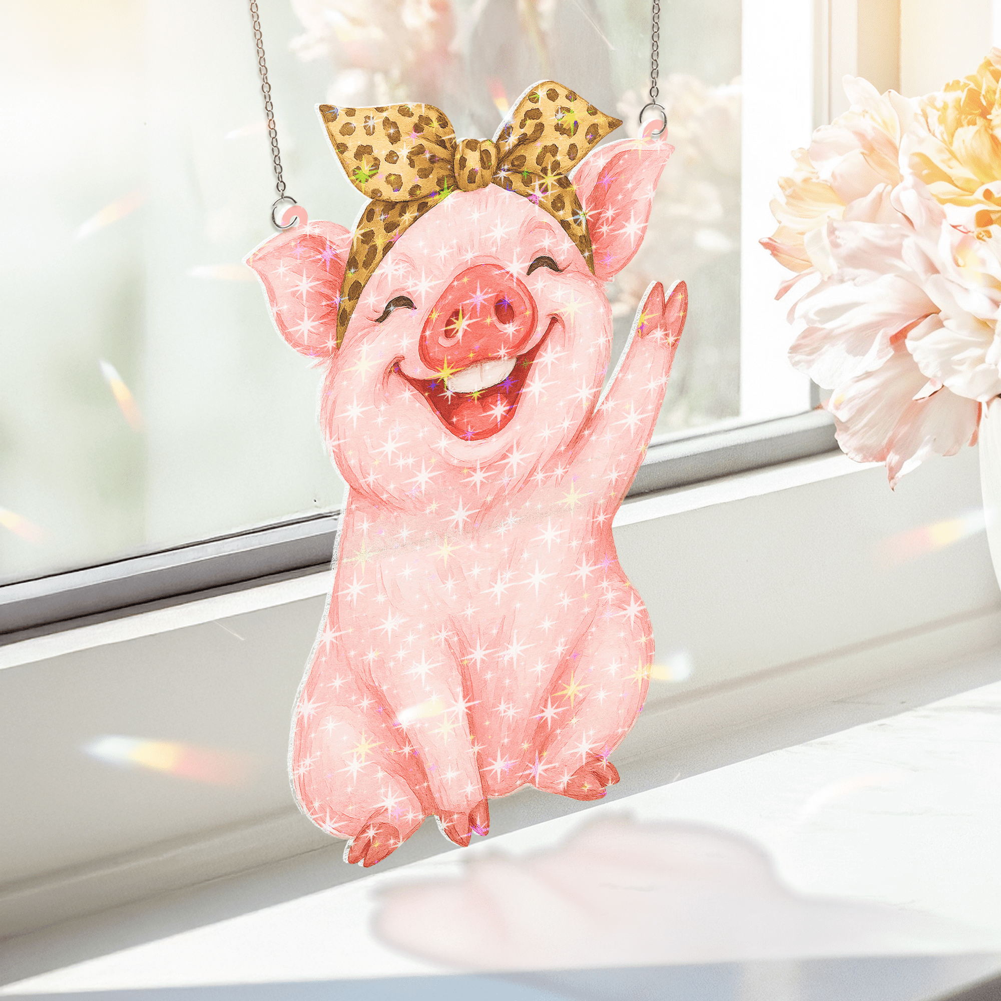 Lotusprinthandmade Cute Pig Lovers Custom Shape Star Hologram Ornament 8in, Pig Animal Hologram Ornament, pig lovers holographic ornament