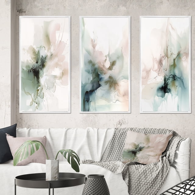 Designart "Modernity Essence Green and Cream III" Abstract Framed Wall Art Set Of 3 - Green Marble Frame Canvas Set For Living Room Decor