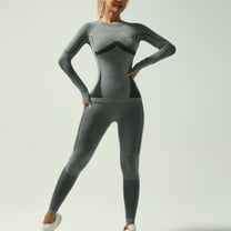 Riecok Womens Base Layer Set Seamless Round Neck Solid Color High Elasticity Ski Winter Warm Top and Bottom Sets Gray S