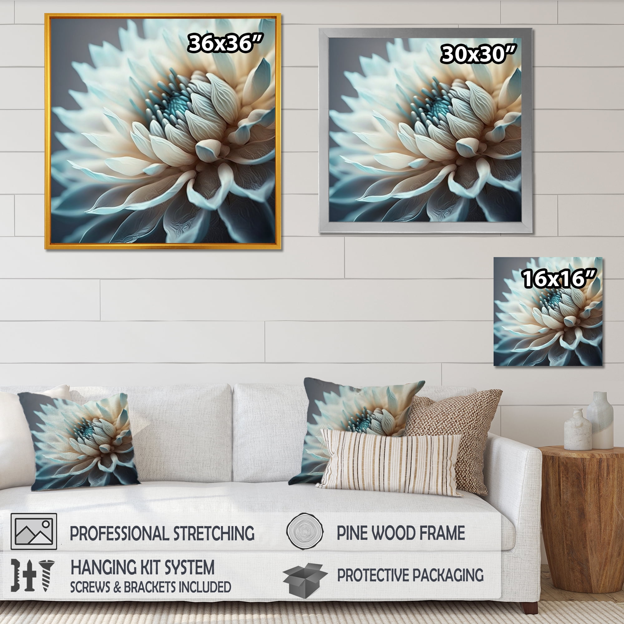Designart Dahlia Flowers Blue And White III Canvas Wall Art