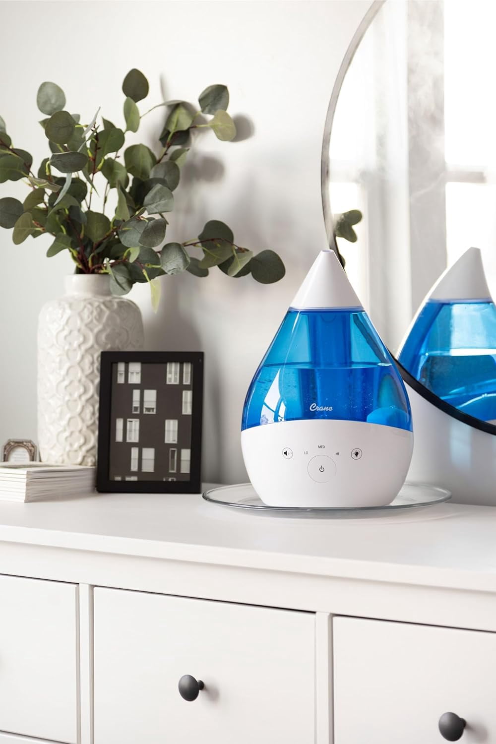 4-in-1 Drop 2.0 Ultrasonic Cool Mist Humidifier with Sound , Night Light, Tray, 1 Gallon Top Fill, Blue & White