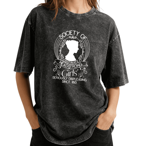 Retro Jane Austen Pride And Prejudice Obstinate Headstrong Girls Wash Print Tshirt S-2XL Vintage Black Graphic Tees Gift Shirts for Literary Lover Tops