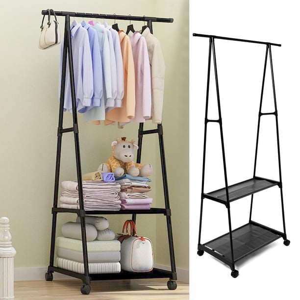 Perchero 2 en 1 con cesta metálica de 2 niveles, carrito de almacenamiento con ruedas, organizador de ropa, perchero con ruedas, para el hogar, dormitorio, lavandería, espacio pequeño, entrada.