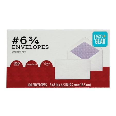 Pen+Gear Envelopes Size #6-3/4 (3-5/8" x 6-1/2"), 20 lb., White, Security, Gummed, 100-Count