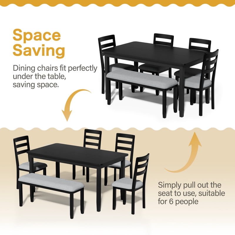 Lacoo Modern Simple Solid Wood Dining Table Set 6-Piece, 1 Table 4 Chairs 1 Bench, Kitchen Dining Room Furniture Set, Multiple Colors Available