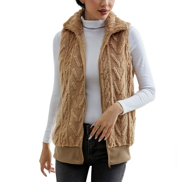 Virmaxy Womens Winter Sherpa Fleece Vest Solid Color Faux Shearling Jacquard Coat with Pocket Sleeveless Full Zip up Lapel Collar Plush Jacket Warm Winter Coat Outerwear Khaki XS