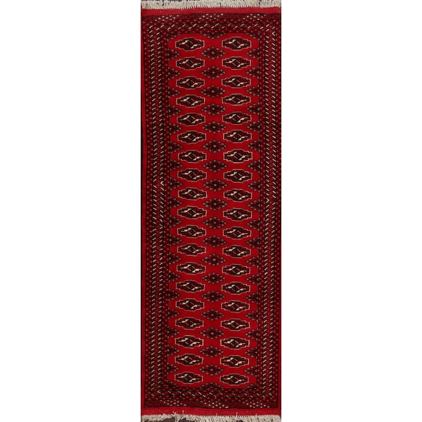 Geometric Red Bokhara Oriental Hallway Runner Rug Handmade 2x6