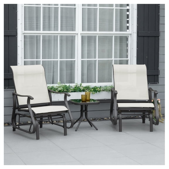 Outdoor Glider Set 3-Piece - Steel Frame Bistro Furniture with Tempered Glass Table for Patio, Garden, Backyard - Cream White