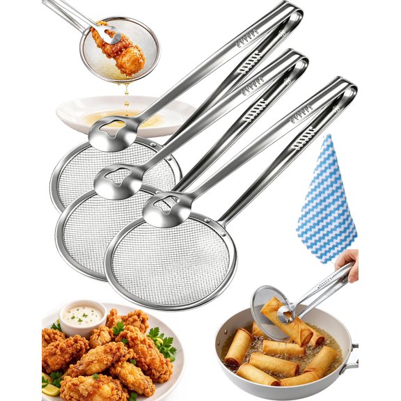 2-in-1 Stainless Steel Strainer Tongs, Oil Frying Filter Clip with Fine Mesh Basket, Long Handle Food Tongs for Frying & Serving