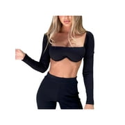 Qiylii Women Sexy Bodycon Ribbed Crop Top Long Sleeves T-Shirt with Underwire
