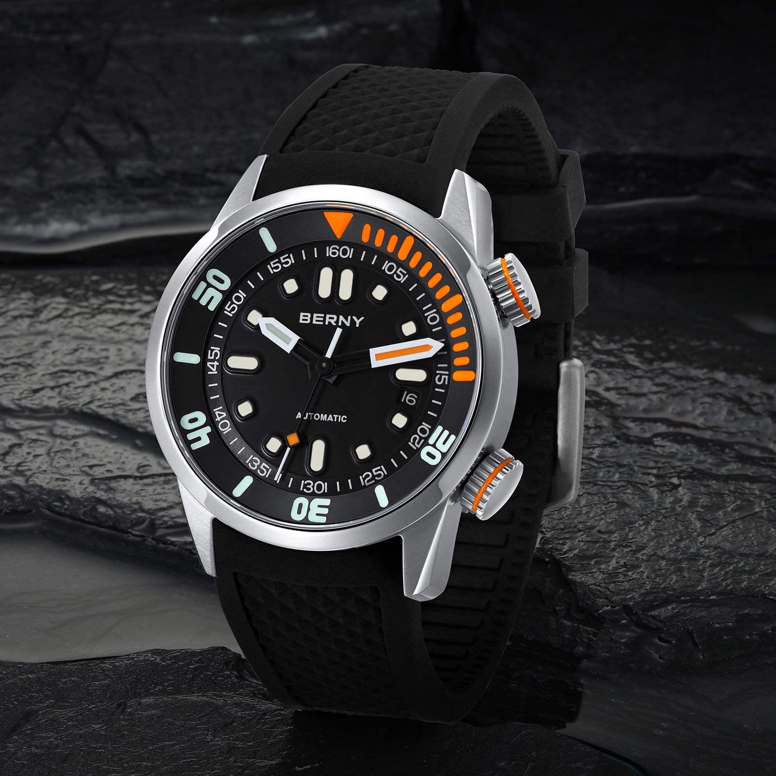 BERNY Automatic Dive Watches for Men, Sport 20ATM Waterproof Analog Mechanical Watch with Date, Super Luminous, Silicone Strap, Stainless Steel, Sapphire Crystal, Men's Pro Diver Watch (Black)