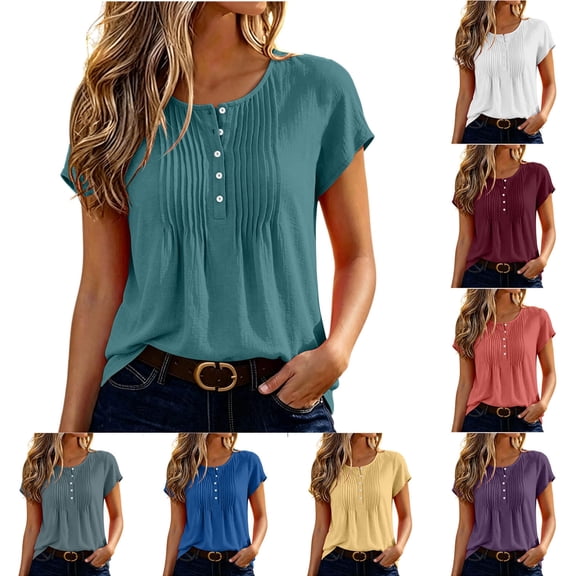 Zulora Women's Summer Casual Crew Neck Short Sleeve Button Placket Pleated Top Blouse