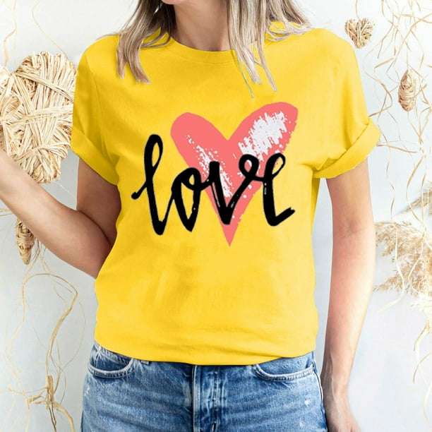 zanvin Womens Valentine's Day Graphic Tees Short Sleeve Heart Printed  Shirts Blouse Tops,Yellow,XL 