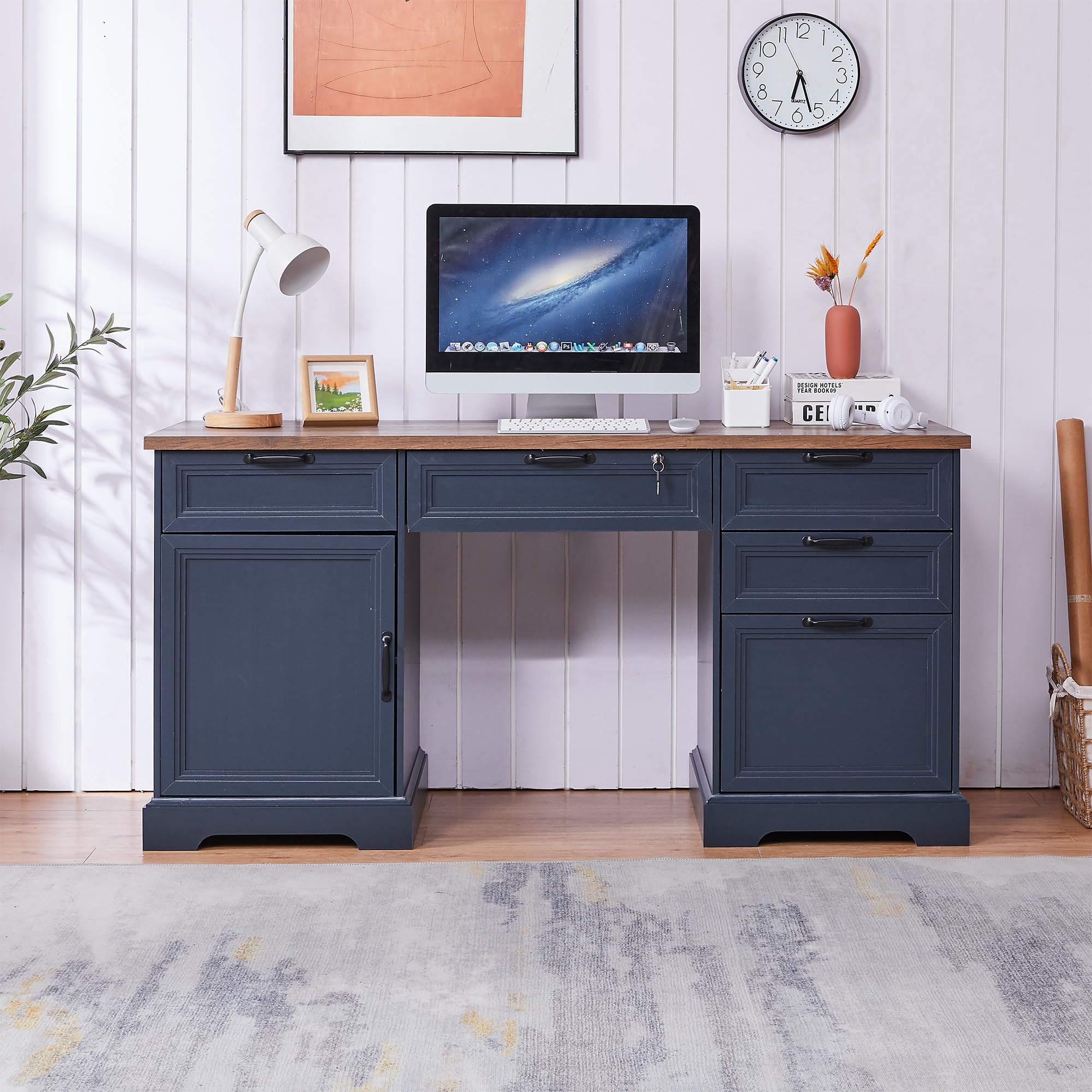 Haooyeah Farmhouse Executive Desk 60", Wood Office Desk with Drawers, File Cabinet, Charging Station, Blue