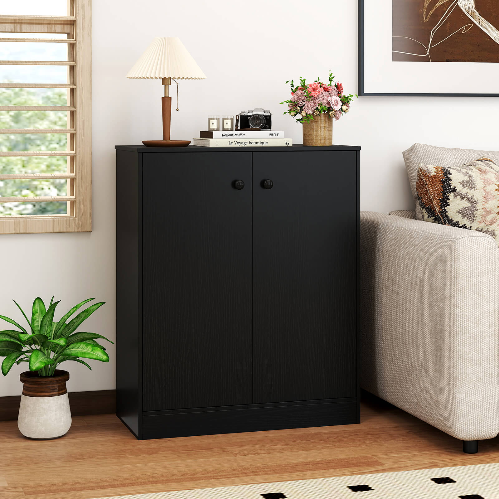 Costway 2-Door Storage Cabinet Freestanding Storage Organizer with 3-Tier Shelf Entryway Black
