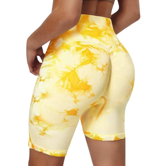 IWRICH Seamless Workout Shorts for Women High Waist Gym Scrunch Tie Dye Short Booty Lifting Yoga Shorts Yellow XL
