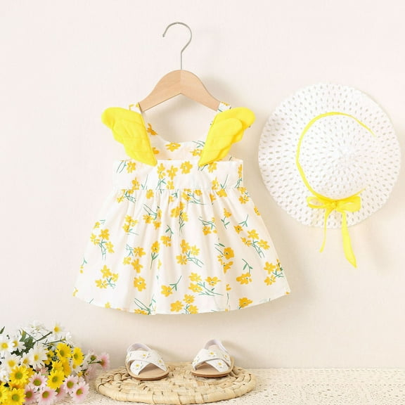 HOMADLES Toddler Dress for Girls Cotton Flower Print Stretch Ruffed Breathable Summer with Hat Princess Dress Yellow 6 Months