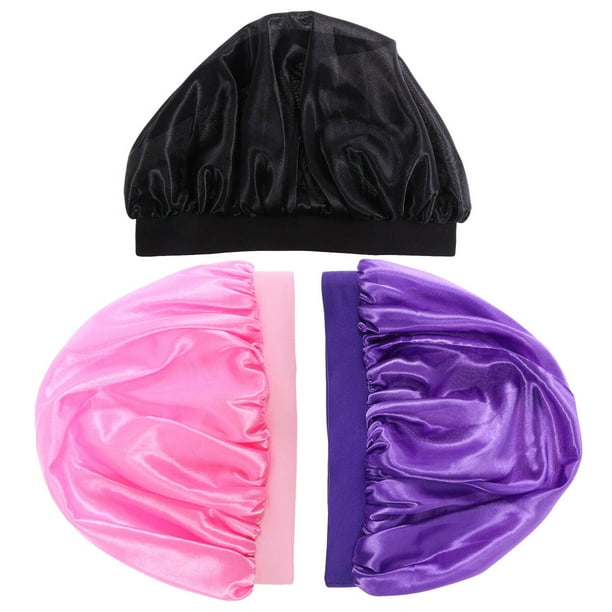 3 gorras de dormir para niños, gorros elásticos para dormir, gorros de protección para el cabello, sombrero de borde ancho para viajes a casa (púrpura, negro, rosa)