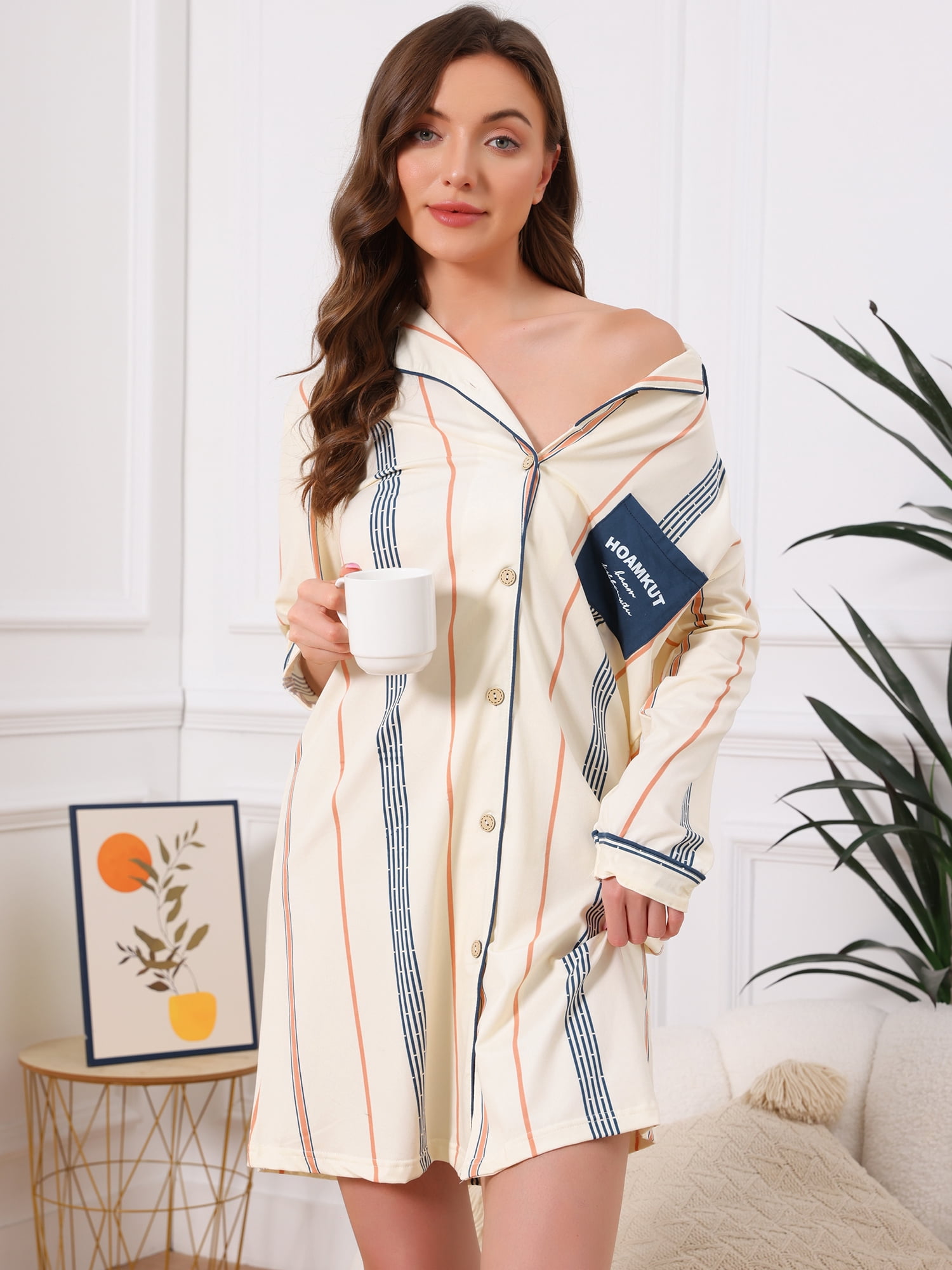 DARING DIVA Women's Striped Button Down Long Sleeve Pajama Dress S Blue Stripe