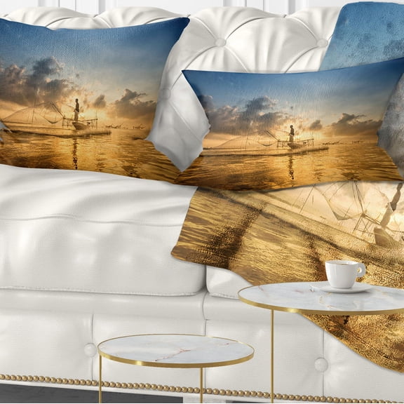 Designart Pakpra with Fisherman at Sunrise - Landscape Printed Throw Pillow - 12x20