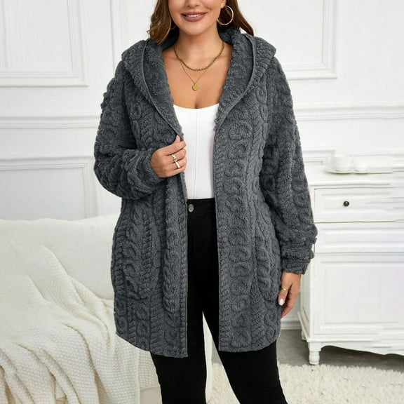 PNTUTB Women's Fashion Solid Color Jacquard Cardigan Long Sleeve Hooded Casual Fleece Warm Coat with Pocket