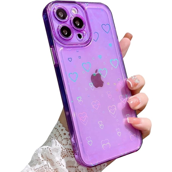 Compatible for iPhone 13 Pro Max 6.7 Inch Clear Glitter Heart Case, Rainbow Laser Holographic Bling Cute Heart Pattern Case for Women Girls Soft TPU Shockproof Camera Protective - Purple