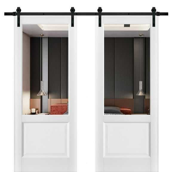 Sturdy Double Barn Door with | Lucia 1533 White Silk with Clear Glass | 13FT Rail Hangers Heavy Set | Solid Panel Interior Doors-36" x 96" (2* 18x96)-Black Rail-Clear Glass