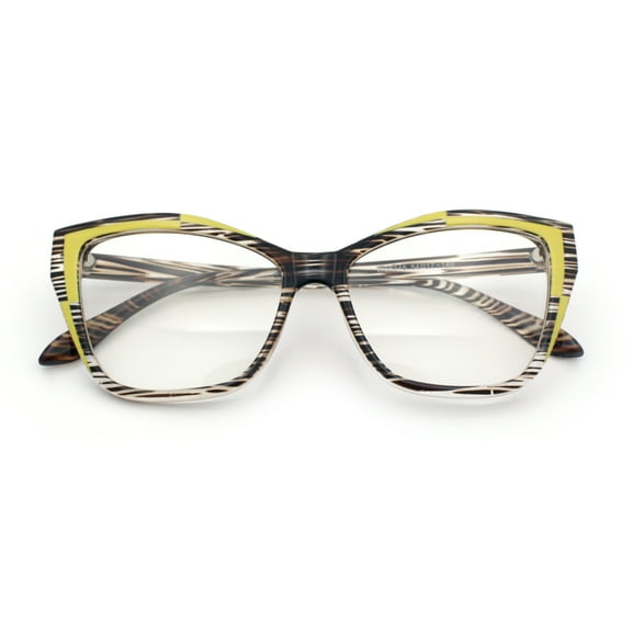 Womens Oversized Cat Eye Geometric lightening Bolt Print Sunglasses Brown Stripe Yellow
